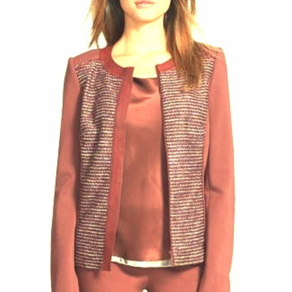 LAFAYETTE 148 NEW YORK LEATHER TRIM TWEED JACKET